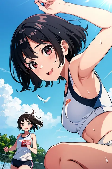 A lively girl, black hair fluttering in the wind, short hair, sweat, sparkling, sprinting, jumping, smiling, looking happy, energetic, wet gym clothes, daytime, schoolyard, sunlight, summer