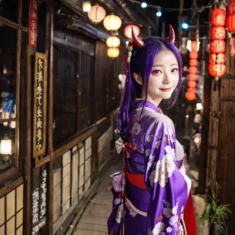 ganyu (genshin impact),{{{kimono}}},[china town],masterpiece,1girl,wavy hair,purple eyes,light blue hair,demon horns,long hair,,...