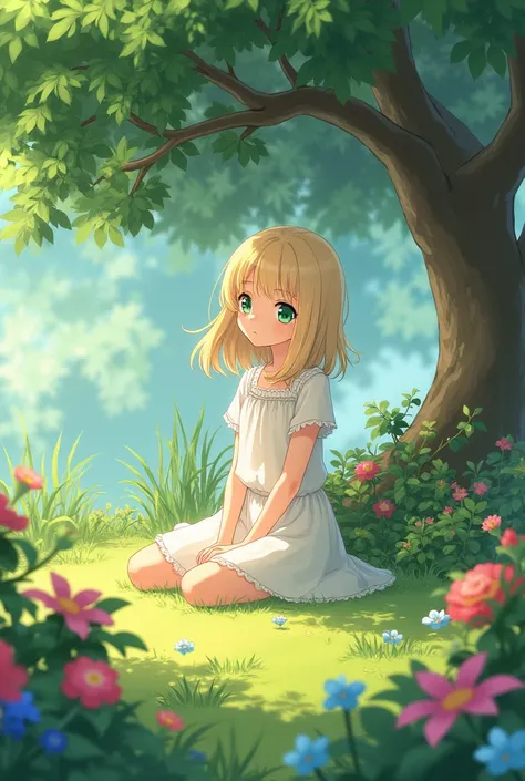 anime female blonde middle-long hair green eyes sitting in a garden under the tree aged abt 14 