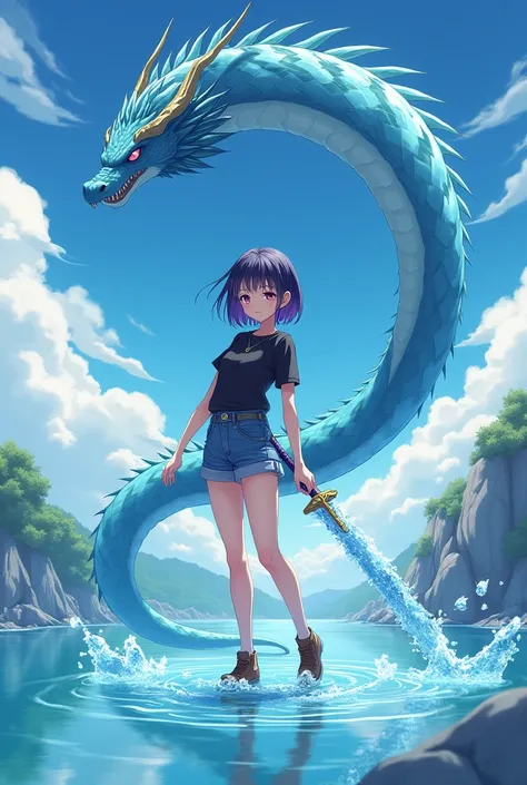 (animated high quality)(high detailed)(4k ultra) (19 years age)anime girl with short black and violet hair, having water katana in hand with black full hands tshirt and blue jeans short brown shoes ,sky background,stand on water in river dragon around her,...