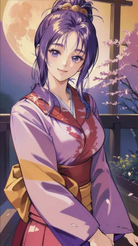 ((masterpiece, Highest quality, Highest quality, Official Art, beautifully、beautiful:1.2)),((masterpiece)),((Vibrant colors)),((Ayako Katagiri)),((A happy smile)),((kimono)),((looks fun)),,(Porch of the ryokan),(Shoulders exposed),(full moon),(Cherry Bloss...