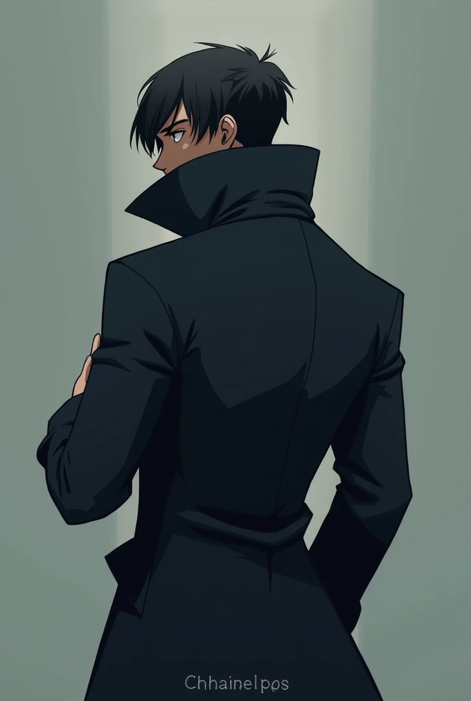 Male animated character with his back turned wearing a coat and hood and a name underneath that says chaneclips