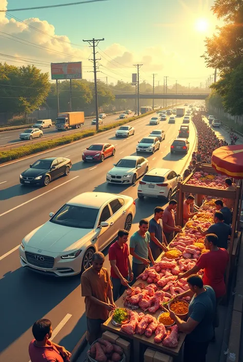 One sunny day there is big highway car are crossing each other in left side there is chatpatee meat lots of customers line by line butcher cutting pork leg 