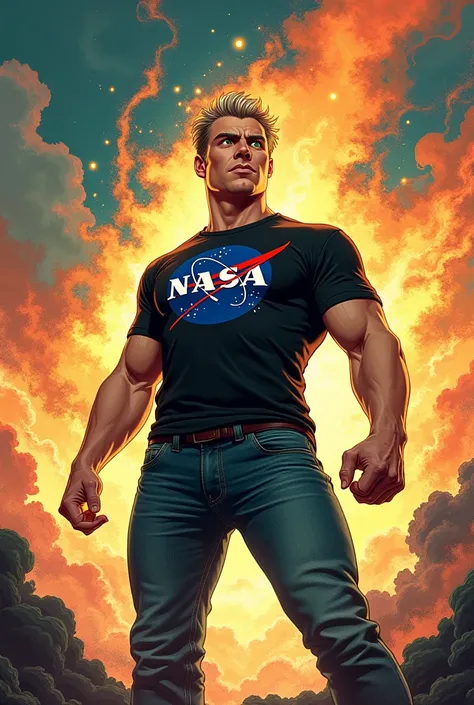 An avatar of a geography teacher, handsome and a little chubby and muscular green eyes short light hair with black NASA t-shirt fighting against forces of ignorance. manga style 