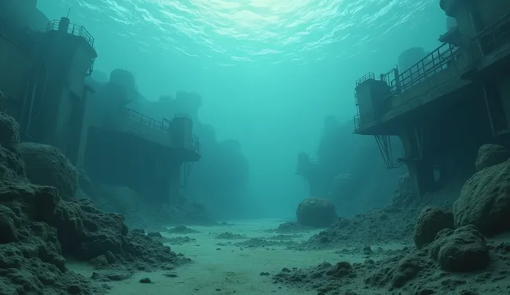 epic realistic, ((((Pastel colors)))), Eschatology, abandoned, seabed，abyss，Nuclear Pollution，Japan，废abandoned，Radioactive material，twist，heavy metal，Depth of Field，High Detail，(((No fish appear)))
