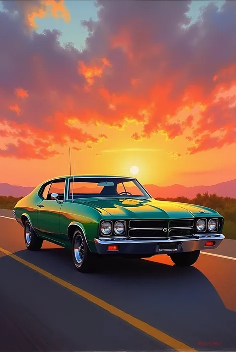 Oil painting of car with sunset on back
Green car american muscle old

