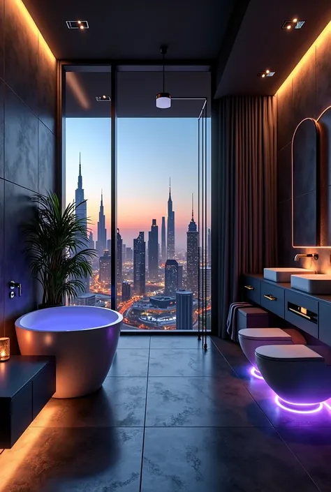 La douche ultra moderne style atypique  d Une maison  ultra moderne de style penthouse, dark design, nichée au sommet des gratte-ciels de Dubaï avec s énormes baies vitrées qui offrent une vue panoramique à couper le souffle sur la ville. Lors du coucher d...