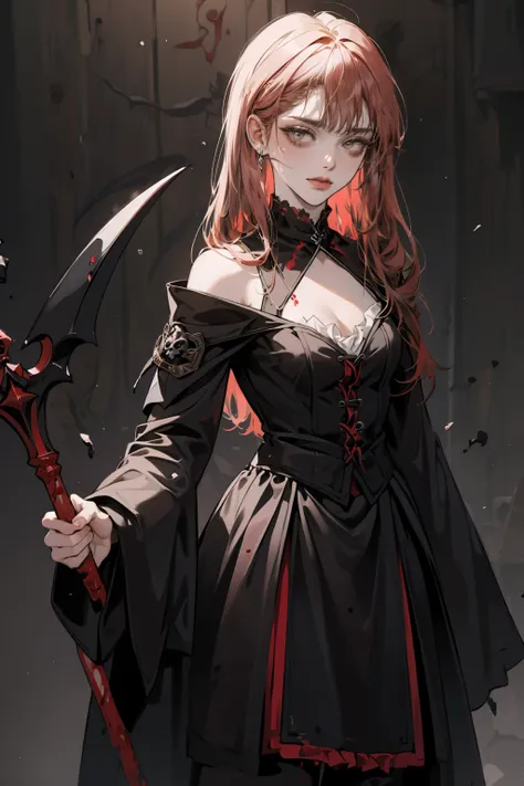 shaded face　、beautiful girl、とてもcute天使、Pink Gothic Fashion、cute、Baby Face、smile、Long skirt、Black long boots、.(Highest quality,4K,High resolution,masterpiece:1.2),Very detailed,Realistic:1.37,Spooky altar background,Dark fantasy,Red color scheme,Ominous atmo...