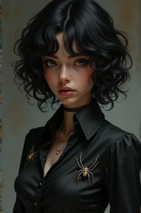 I want you to create a character with black curly hair, brown skin, slightly droopy eyes, and an engagement ring, wearing black clothes and a shirt with spider details