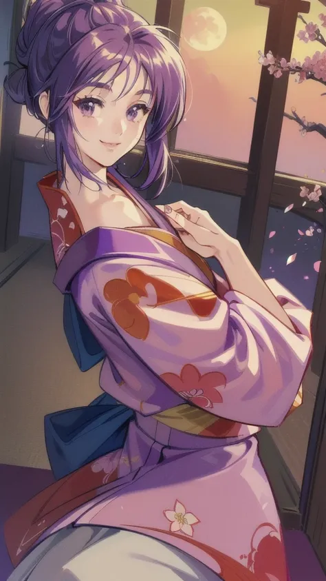 ((masterpiece, Highest quality, Highest quality, Official Art, beautifully、beautiful:1.2)),((masterpiece)),((Vibrant colors)),((Ayako Katagiri)),((A happy smile)),((kimono)),((looks fun)),,(Porch of the ryokan),(Shoulders exposed),(full moon),(Cherry Bloss...