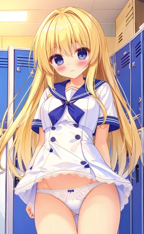 Beautiful long blonde　Changing clothes　Shyness　locker room　White panties with lace　Wear only the top of the sailor uniform　I&#39;m not wearing a skirt