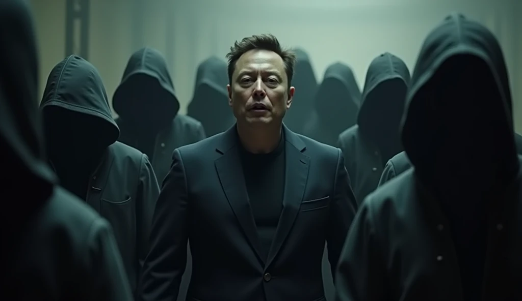 Create an image of Elon Musk being attacked by 11 hooded people 