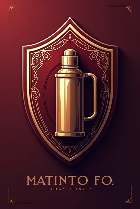 Generate a classic but innovative football shield that contains a thermos and mate. Include the name MateTinto FC. The color of the design should be red wine