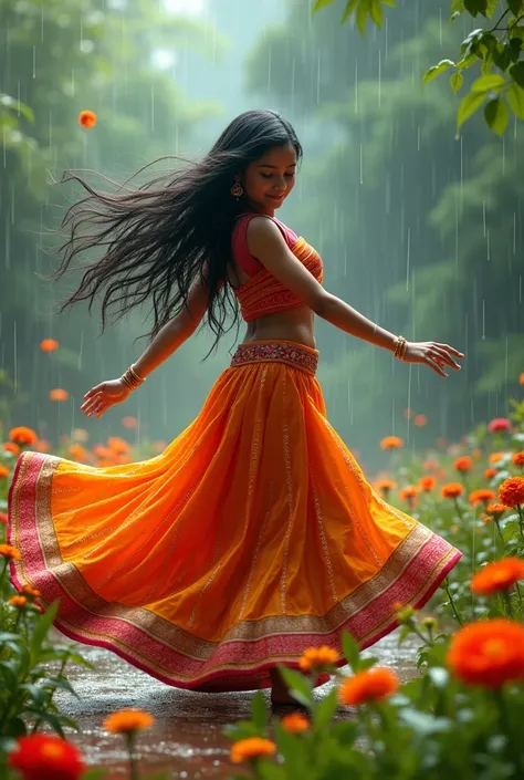 indian colorful lehanga dancing young brown and black hair girl in rain with multiple colored flowers crop in background.