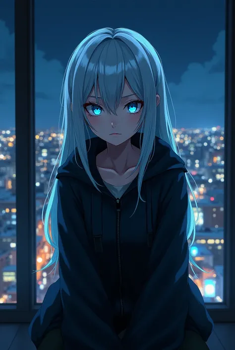 (masterpiece), best quality, cyan eyes, light grey hair, expressive eyes, Holhaya, sitting in highrise apartment room, night sky, city landscape, looking at viewer, city lights, window, highlight, dramatic lights, calm face,