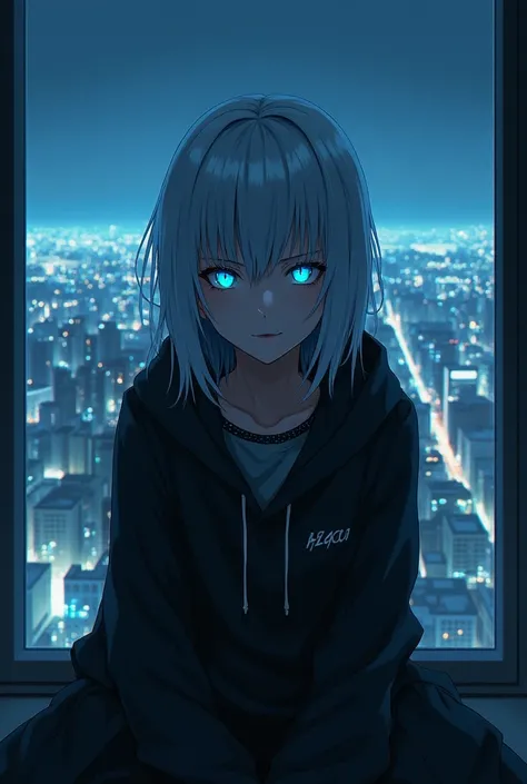 (masterpiece), best quality, cyan eyes, light grey hair, expressive eyes, Holhaya, sitting in highrise apartment room, night sky, city landscape, looking at viewer, city lights, window, highlight, dramatic lights, calm face,