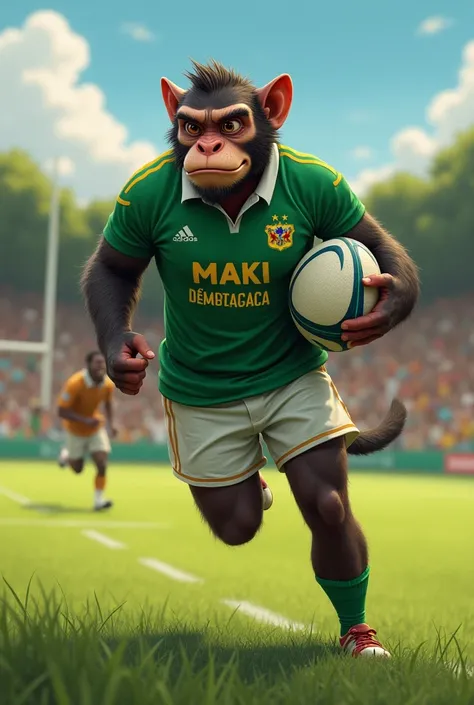 Maki(lemurien)  joue le ballon de rugby avec le maillot en couleur verte et secrit en dos de la maillot par les phrases de "maki de madagascar " avenue analakely madagascar