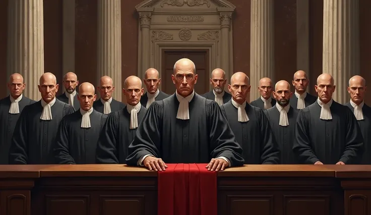 Create an image of a court, 11 bald judges in robes, by Elon Musk
