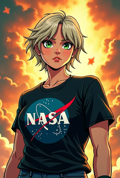 An avatar of a geography teacher,  meio gordinho, and half muscular green eyes short light hair with black NASA t-shirt fighting against the forces of ignorance. manga style 