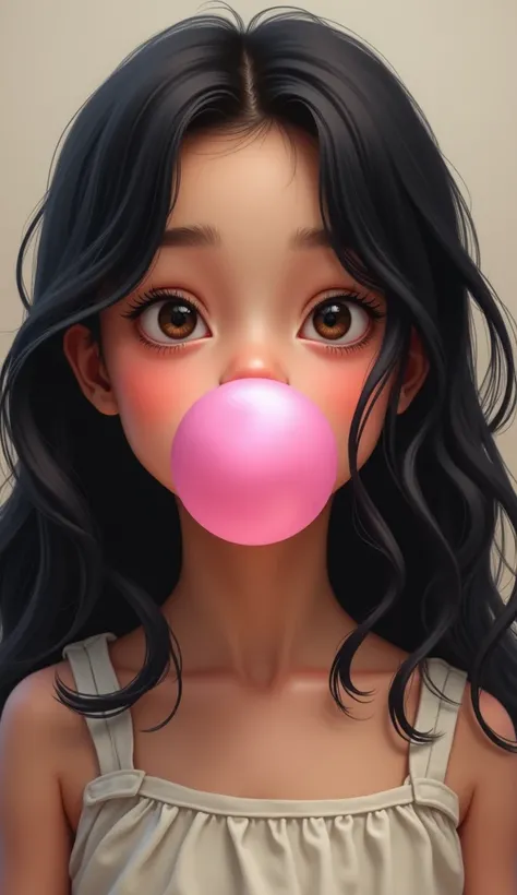 one ,  child, Brunetette , long hair, black, wavy , with bubble gum in her mouth 
