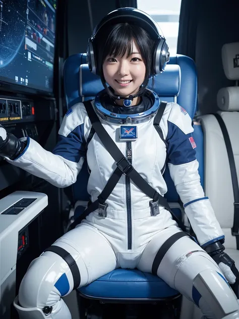 Japanese female astronaut,Black Hair,cockpit,A room surrounded by switches,Secured to the seat with a thick harness,Plump,A little thick,Spread your legs,Squat,White and blue robot suit,Robotic arms and legs,Laugh with your mouth wide open,Helmet