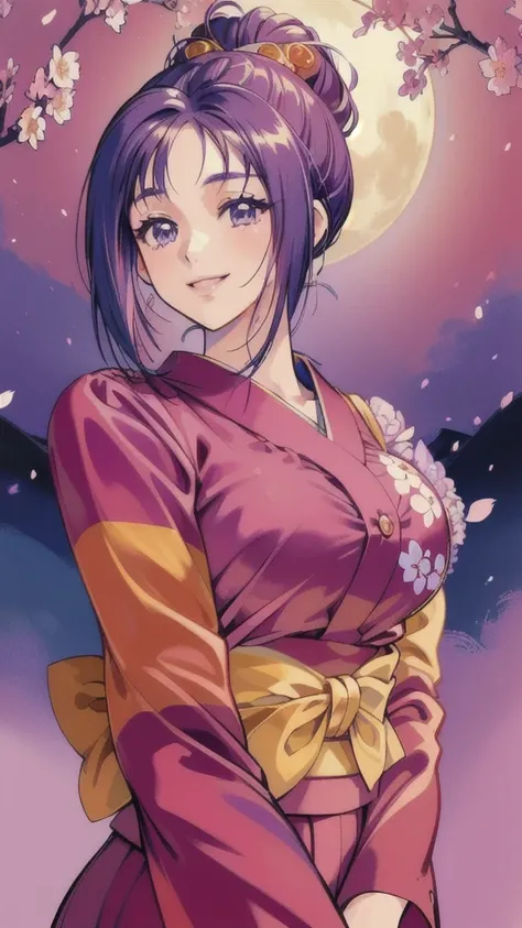 ((masterpiece, Highest quality, Highest quality, Official Art, beautifully、beautiful:1.2)),((masterpiece)),((Vibrant colors)),((Ayako Katagiri)),((A happy smile)),((kimono)),((looks fun)),(Shoulders exposed),(full moon),(Cherry Blossoms at Night),(B Cup Bu...