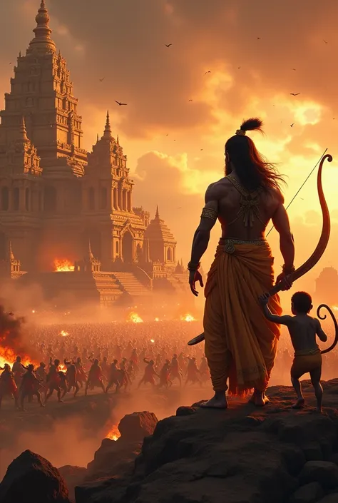 Create an image of Lord Hanuman standing beside Lord Shree Ram in the foreground, both radiating divine energy. Lord Ram is depicted as calm and composed, holding his bow, while Hanuman is shown in a reverent posture. The background showcases the grand cit...