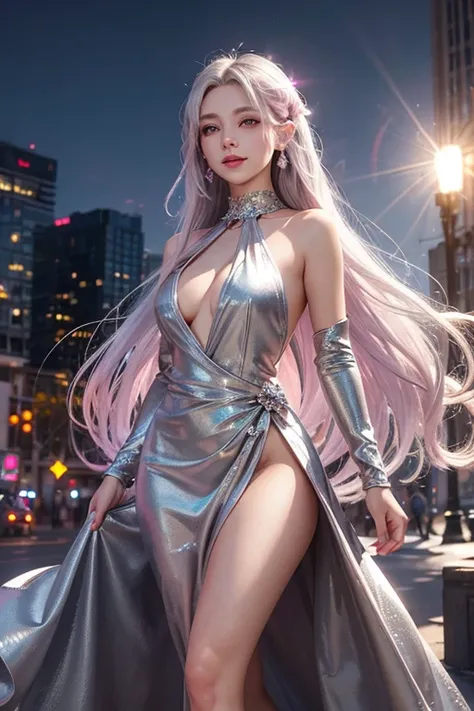 A girl with long silver hair and magenta eyes, long hair, silver hair, glowing pink eyes, 1girl, Looking at viewer, Smile, Simple background, Earrings, Pink Eyes, Feet Out Of Frame, Lens Flare, Backlighting, Masterpiece, Anatomically Correct, Best Quality,...