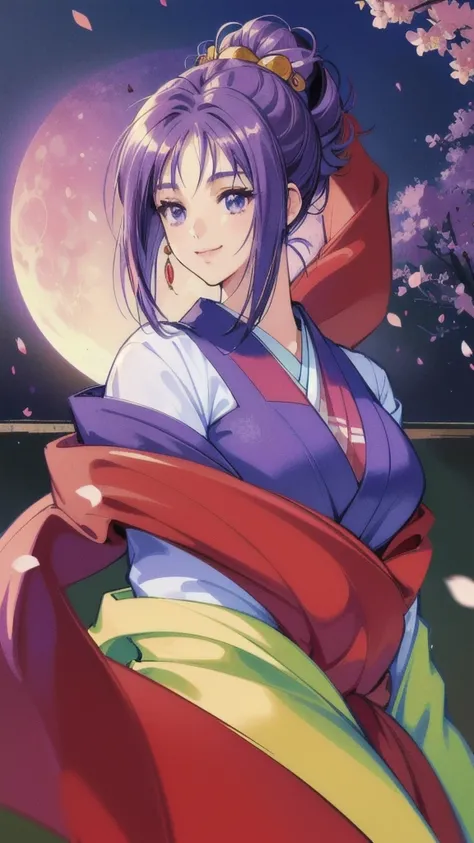 ((masterpiece, Highest quality, Highest quality, Official Art, beautifully、beautiful:1.2)),((masterpiece)),((Vibrant colors)),((Ayako Katagiri)),((A happy smile)),((kimono)),((looks fun)),(full moon),(Cherry Blossoms at Night),(B Cup Bust),(Kyoto)