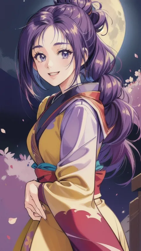 ((masterpiece, Highest quality, Highest quality, Official Art, beautifully、beautiful:1.2)),((masterpiece)),((Vibrant colors)),((Ayako Katagiri)),((A happy smile)),((kimono)),((looks fun)),(full moon),(Cherry Blossoms at Night),(B Cup Bust),(Kyoto)