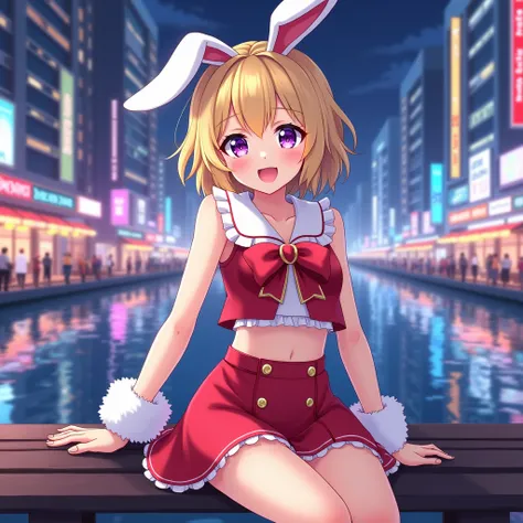 "Create an anime-style illustration of an 1 young woman with layered short blonde hair styled in a playful and slightly tousled manner, wearing large, fluffy white bunny ears. She has vibrant purple eyes and a cheerful, bright smile. She is dressed in a cu...