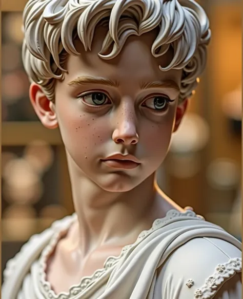 Black and white image of a statue of a  boy, with white hair,his arms and hands equipped with a hammer and a small chisel, sculpts itself, to shape your bust. She cuts her own marble. The background image is in a museum (blurred) com mesas (in colors).