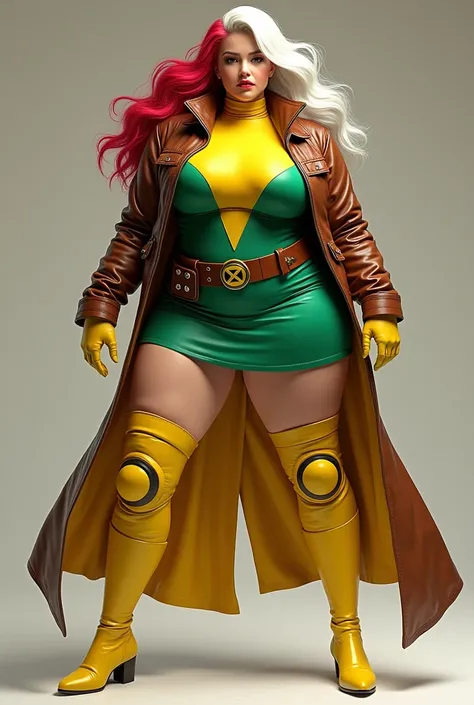 Rogue xmen wearing skirt bodysuit green yellow plus size brown leather jacket yellow thigh high boots yellow gloves red white highlights hair white Caucasian brown belt with xmen symbol yellow turtleneck under shirt knee pad thigh pad dress