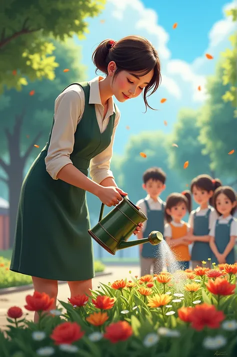 Image of teacher watering flowers under students