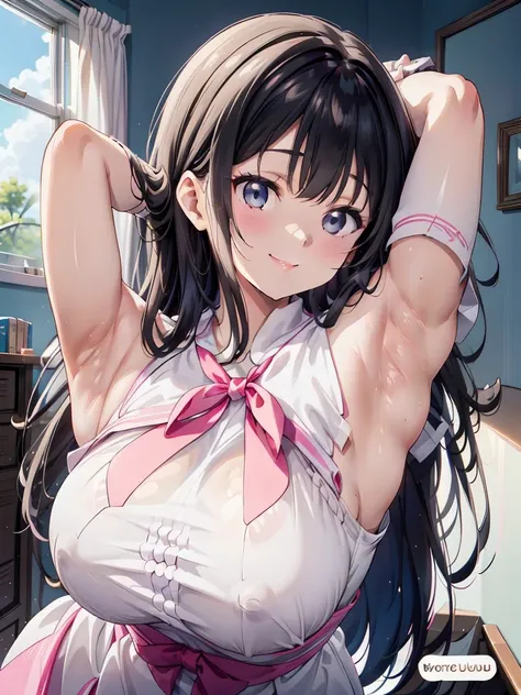 Girl, cute, kawaii, From above, Chest to head, Look up here, smile, Embarrassed, Straight Hair, Long Hair, Black Hair, morning, sunny,full breasts, Wink, standing,
(ONE Arm up behind:1.8),
(shows armpit:1.8), Light shines in,Yawn,bra top, My Room, Waking u...