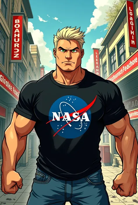 An avatar of a geography teacher,  meio gordinho, and half muscular green eyes,  very short light hair with black NASA t-shirt fighting against the forces of ignorance. manga style 