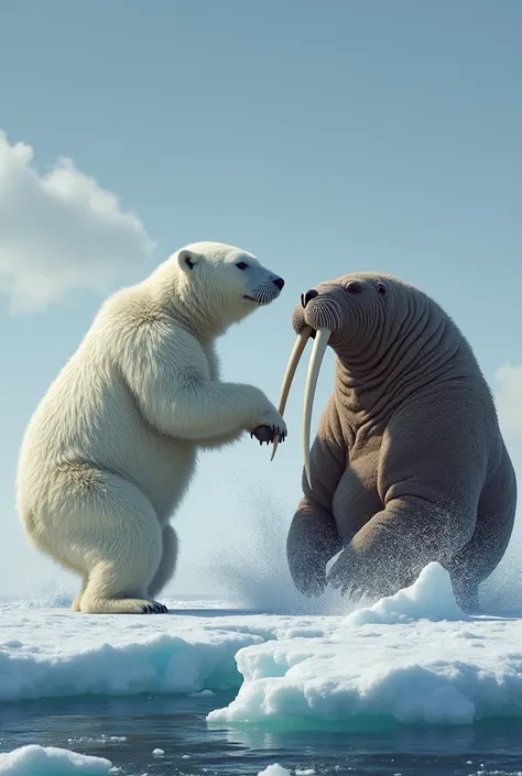 A powerful polar bear and a massive walrus face off on a frozen Arctic ice floe. The polar bear, with its thick white fur and powerful paws, stands on its hind legs, ready to pounce, while the walrus, with its long tusks and blubbery body, raises its head ...