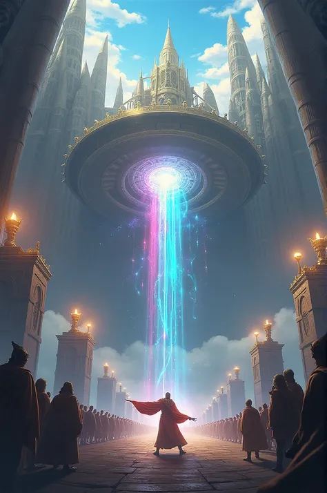 An anime scene of a grand battle arena floating high above the clouds, with towering statues of mythical warriors and floating platforms where duels take place. Spectators watch from floating seats, and the sky is charged with energy, with flashes of magic...