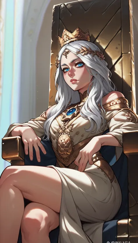 score_9, score_8_up, score_7_up, score_6_up, score_5_up, score_4_up, 1girl, detailed face, fair skin, eyelashes, crown, white hair, silver hair, blue eyes, bright blue eyes, white royal robes, white royal clothes, intricate robes, throne, sitting on throne...