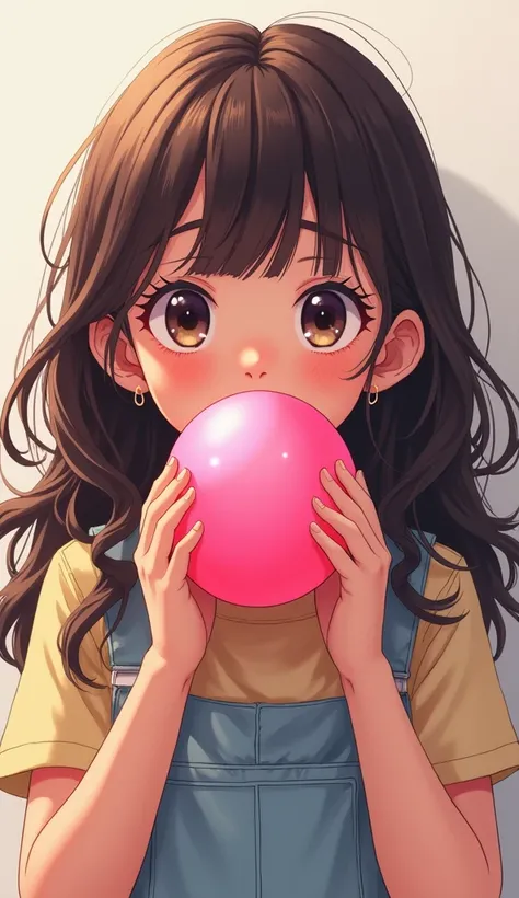 one ,  child, Brunetette , long hair, black, wavy , with bubble gum in her mouth , anime art style
