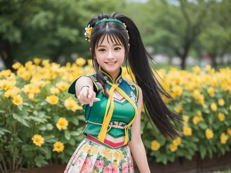 Guan Yinping, Black hair, Brown eyes, Hair accessories, Flowering, whole body，Pretty Face，Cute，High School Students，Smile，Blue and green yellow，enthusiastic，like，Her smile，practice dance，Dance，Chou Tzu-yu，tie a ponytail，girl next door