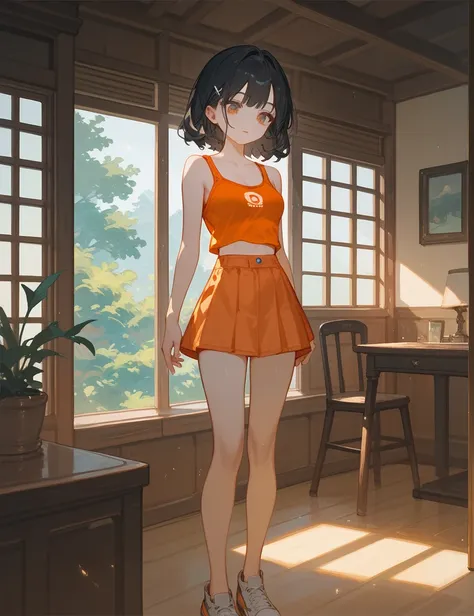 a beautiful young woman, long black hair in anime style, wearing an orange tank top with her belly exposed and a very short skirt, her breasts are big, her legs, super sensual. She is standing looking a little down , inside a house