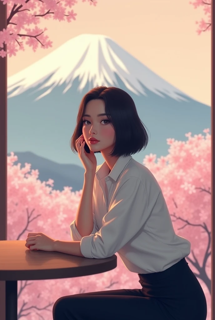 Brutal, 40 years female, short bob hair wearing white shirt and dark pants, sitting at a coffee table, pink cherry blossom, Fujiyama on the background, pink dreamy atmosphere 