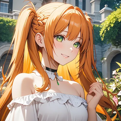 Clarice, 1girl, orange hair, long hair, french braid, twin tail, green eyes, black choker, frilled white dress, bare shoulder, smile, Mansion Garden Break, perfect focus to face, The face is depicted in minute detail, down to every single eyelash.、sharp fo...