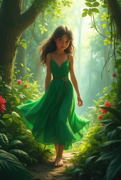  The Keeper of Secrets in jungle
a girl age of 12 with the green dress in the jungle with greenary surrounded by some creatures