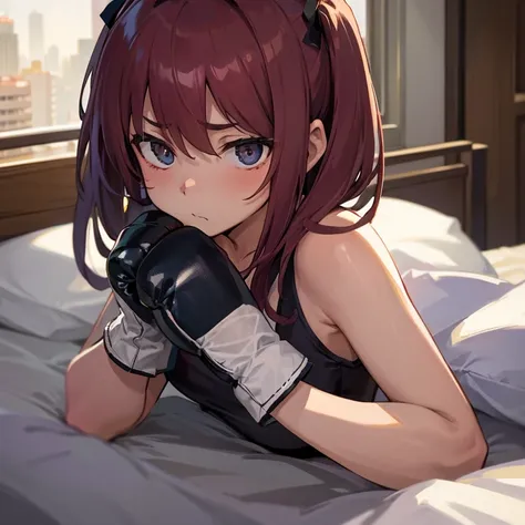 On the bed in a city hotel、A girl wearing boxing gloves on both hands、A desperate and unfocused look、He&#39;s suffering from being punched in the stomach.