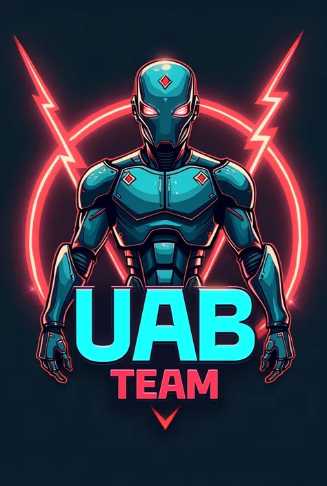 Create a logo with the main icon of a robot in a circle with lightning around it., It says “UAB UAB TEAM” in the middle, retro logo