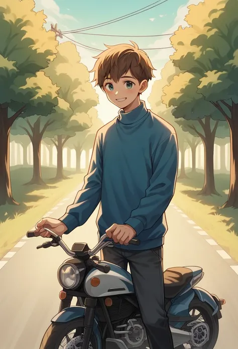 A young boy with a short haircut, wearing a blue sweater, standing outdoors with a gentle smile. The boy is clasping his hands together in a respectful gesture. The background features trees, a motorbike, and a warm, sunlit atmosphere, giving the scene a p...