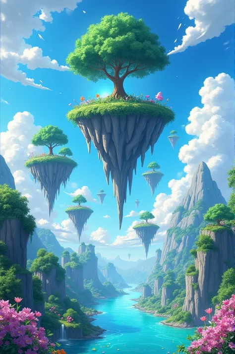 An anime-style fantasy world with lush, floating islands suspended in a clear blue sky. Each island is connected by crystal-clear rivers flowing between them, with colorful flowers, glowing crystals, and a giant tree in the center reaching towards the sun.