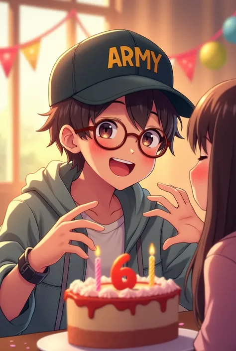 Anime guy wearing a cap with the name army writing celebrating his girlfriend&#39;s birthday wearing glasses named netty on September 6, 2024